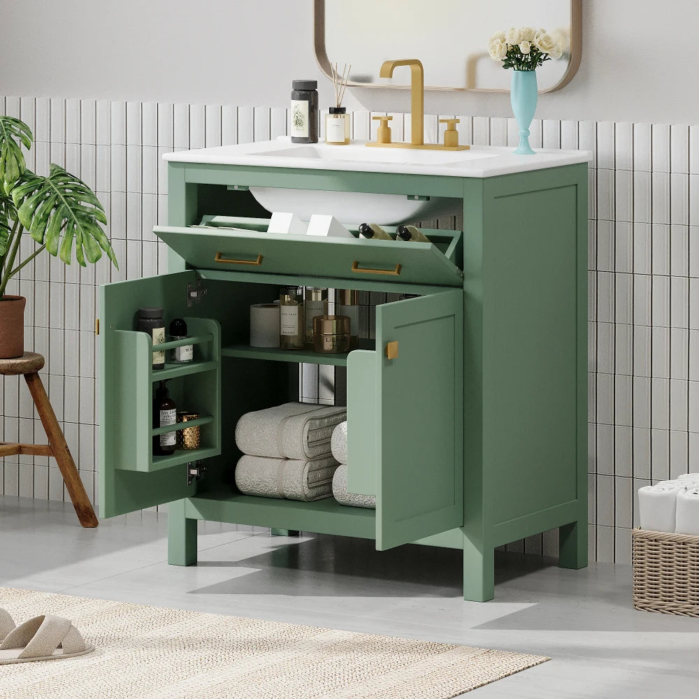 30-inch Bathroom Vanity with Ceramic Sink, Modern White Single Bathroom Cabinet with 2 Doors and a Shelf, Soft Close Doors