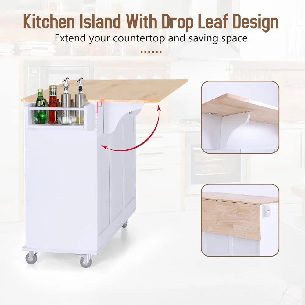 Rolling Kitchen Island on Wheels with Drop-Leaf, Mobile Kitchen Island Cart with 3 Drawers Storage Cabinet, Wood Countertop, Ad