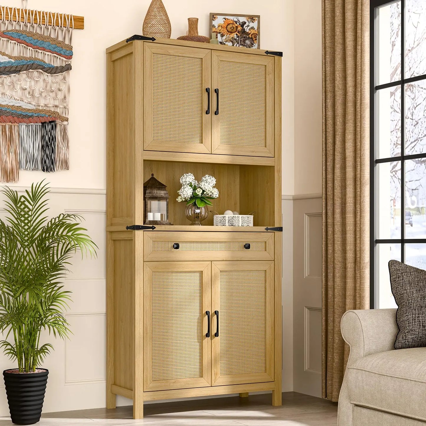 Vabches Kitchen Pantry Cabinet with Drawer & 4 Rattan Doors 69'' Tall Freestanding Wood Storage Cabinet for Kitchen Living Room