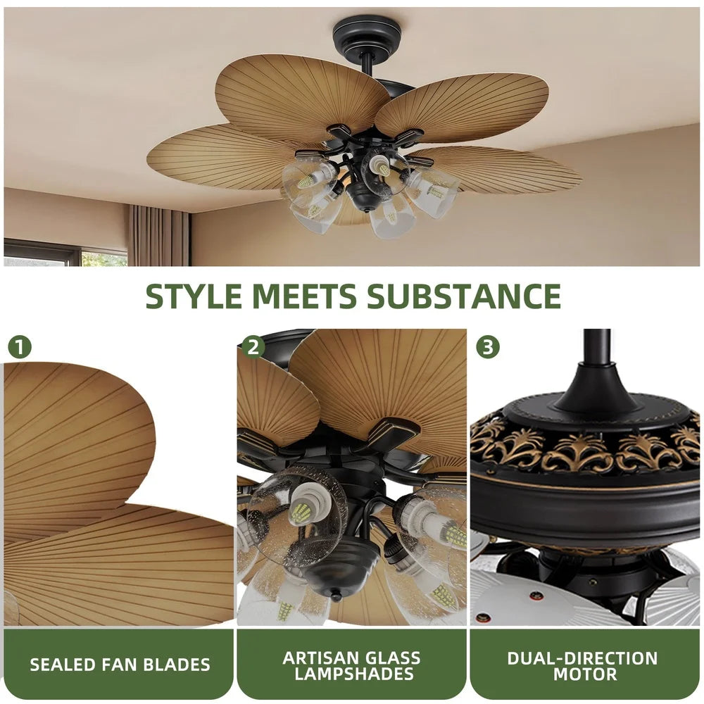 52 Inch Tropical Ceiling Fan with Light Remote Control 3 Speed Silent Motor 5 Palm Leaf Blades Timer Function Indoor Use