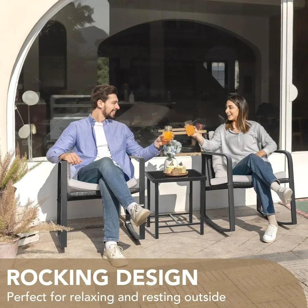 Piece Rocking Bistro Set Wicker Patio Outdoor Furniture Porch Chairs Conversation Sets with Glass Coffee Table