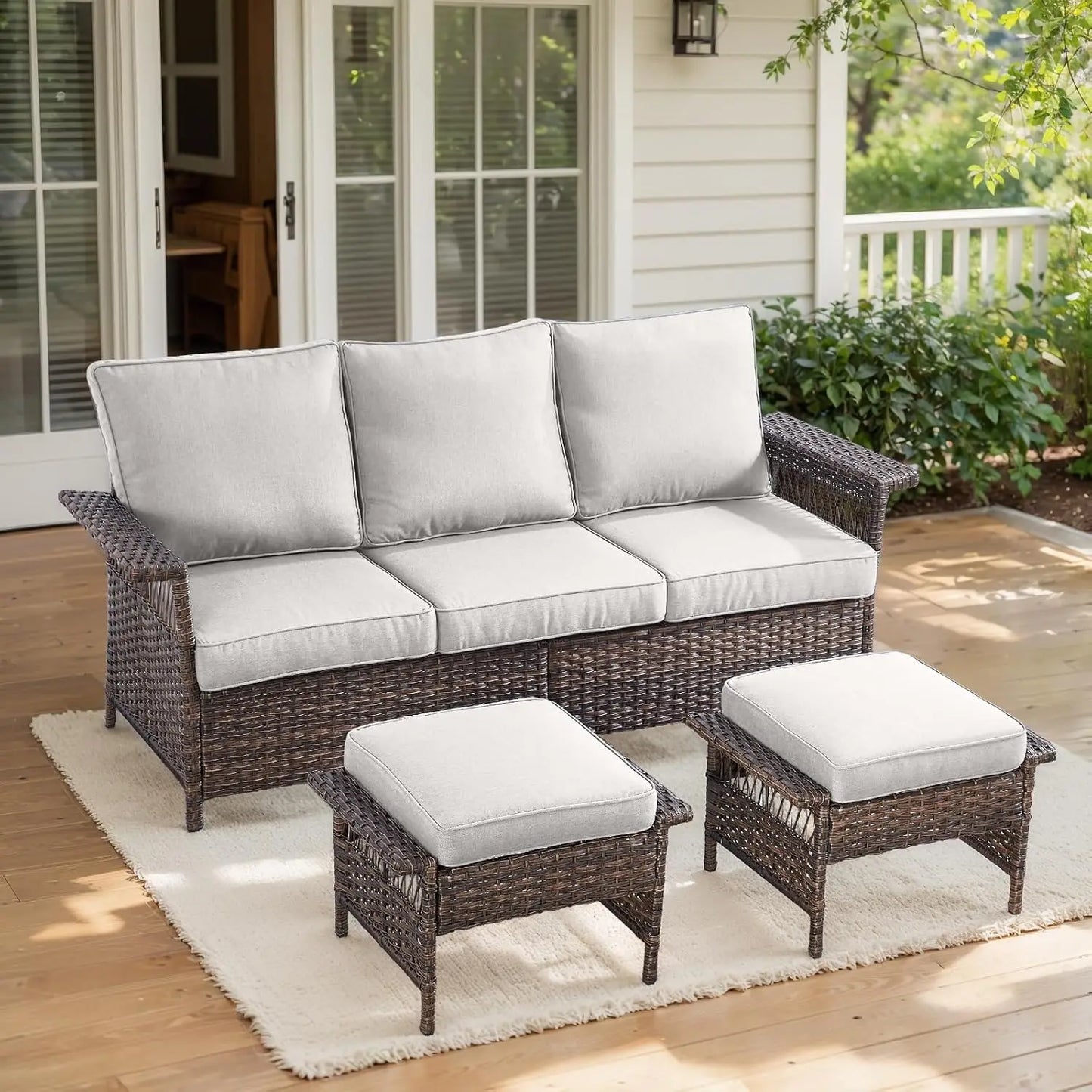 Patio Furniture Set 2 Wicker Swivel Glider Chairs 2 PE Rattan Ottomans with Patio Side Table Wicker Cushions Patio Conversation