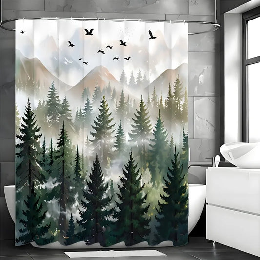 Green Misty Forest Shower Curtain Set Ombre Sage Green White Waterproof Fabric Shower Curtains