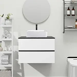 30-Inch Black and White Wall Mounted Bathroom Vanity Cabinet with 2 Drawers and Silver Boat Glass Sink