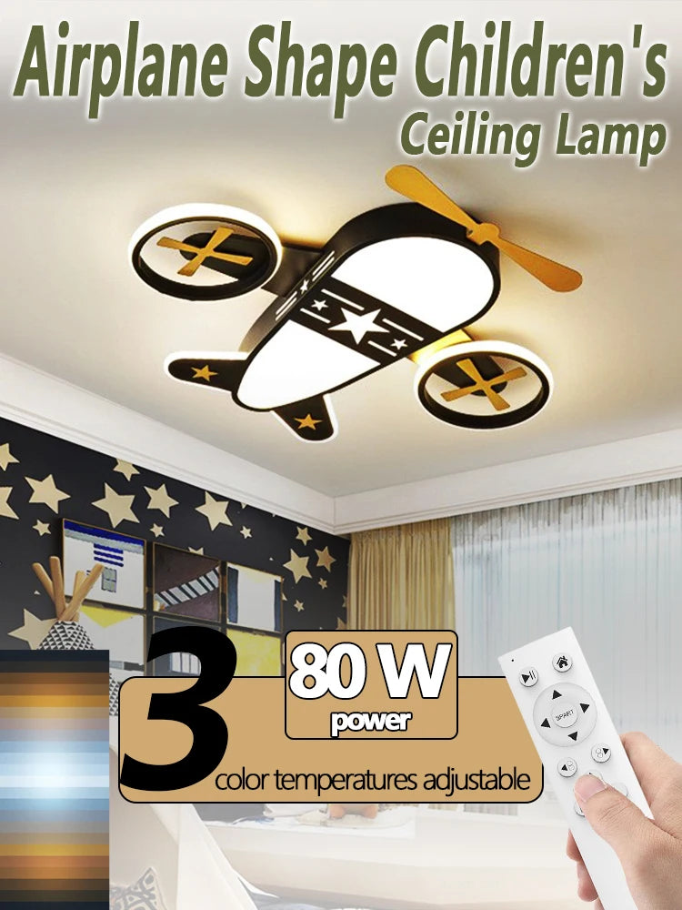 Kids' Room Aircraft Ceiling Light, Creative Cartoon Smart Remote-Controlled Eye-Caring Lamp for Boys' Bedroom