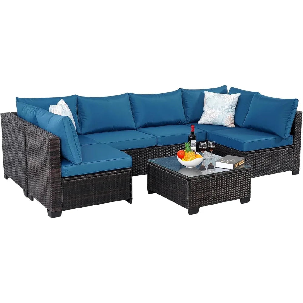 7 Piece Sectional Sofa Set Outdoor, Rattan Patio Furniture Set, Outdoor Sectional Furniture, Rattan Chairs Glass Table