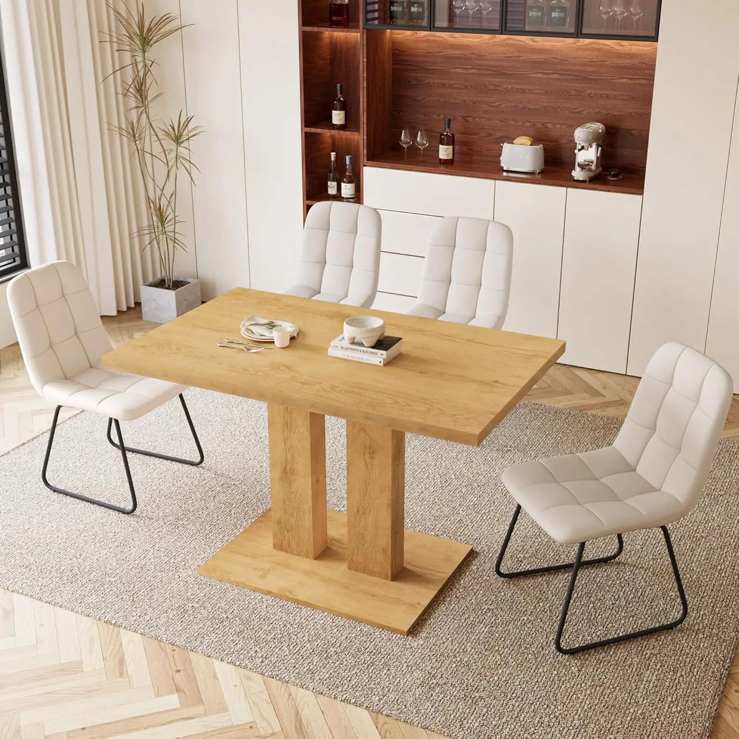 Dining Table Set – 46" Modern Oak Table with 4 Faux Leather Chairs, Rectangular Kitchen & Dining Set