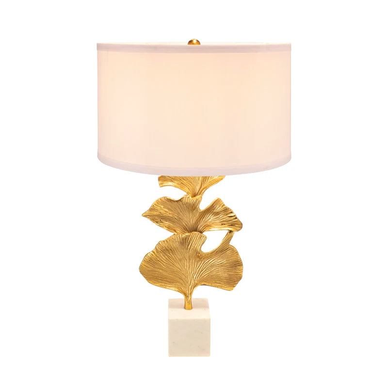 Aluminum Artistic Drum Drum shade Fabric Home Lamp Marble Shade Table D17x30.2 Gold Ginkgo Leaf Table Lamp with Marble Base and
