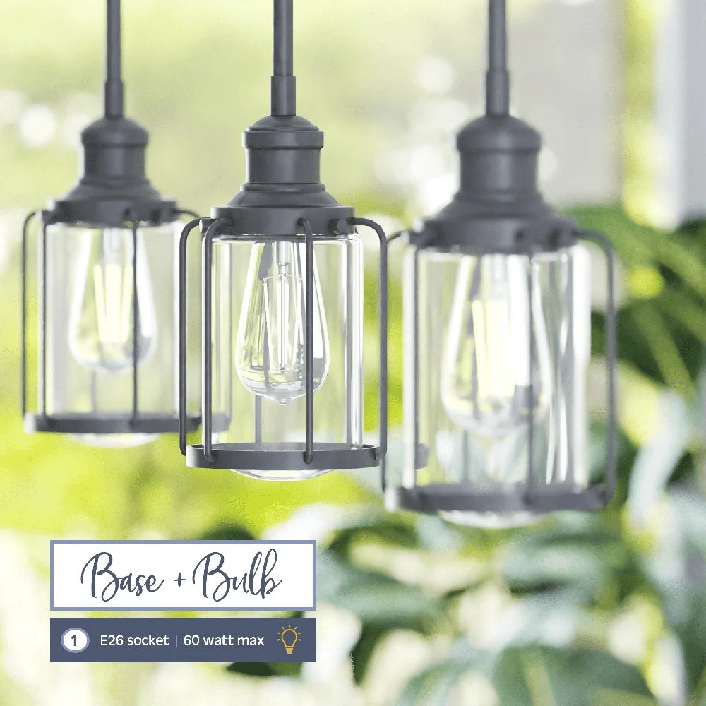 Industrial Matte Black LED Pendant Light with Clear Glass Shade Lantern Style Fixture Kitchen Island Dining Room Damp Rated