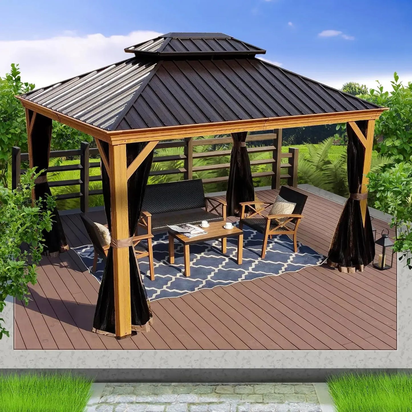 12’x12’ Hardtop Gazebo, Outdoor Permanent Metal Pavilion with Netting for Patio, Deck and Lawn (12ft x 12ft)
