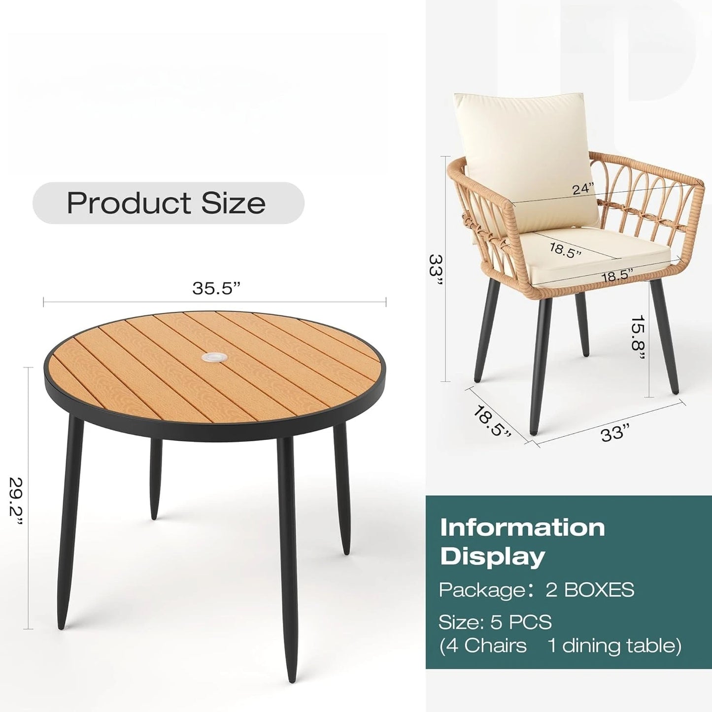 5 Pieces Patio Dining Set, All-Weather PE Rattan Patio Furniture Set with Wood Table Top, Outdoor Table and Chairs