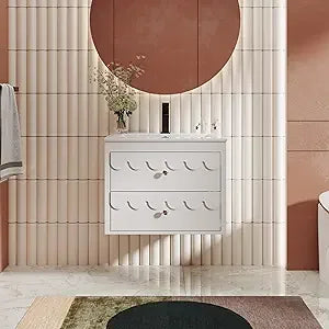 24" Floating Bathroom Vanity with Sink Combo, Modern Painted Wall-Mounted Vanities Storage Cabinet with Scalloped Decor, Underm