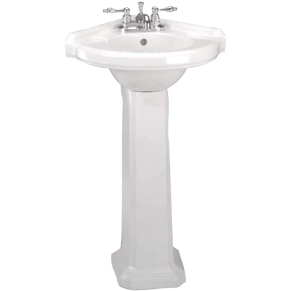 Renovators Supply Portsmouth 22 Inch Corner Pedestal Bathroom Sink, White Overflow And Pre Drilled 4 In. Centerset Faucet Holes
