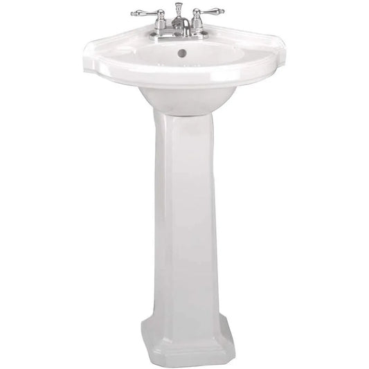 Renovators Supply Portsmouth 22 Inch Corner Pedestal Bathroom Sink, White Overflow And Pre Drilled 4 In. Centerset Faucet Holes