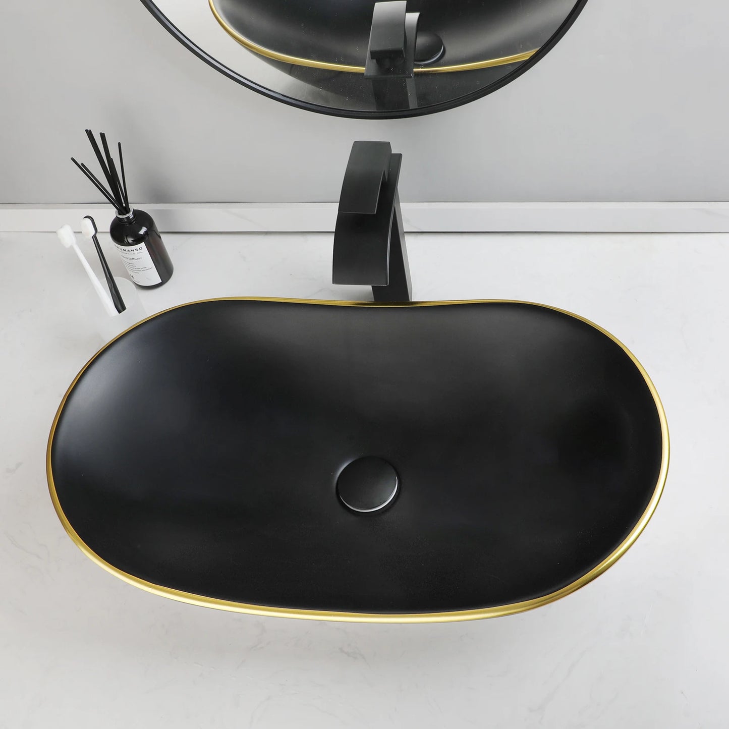 ZAPPO Matte Black Bathroom Sink Oval Large Porcelain Vessel Sink with Faucet Drain Combo Above Counter Wash Basin Sink bowl
