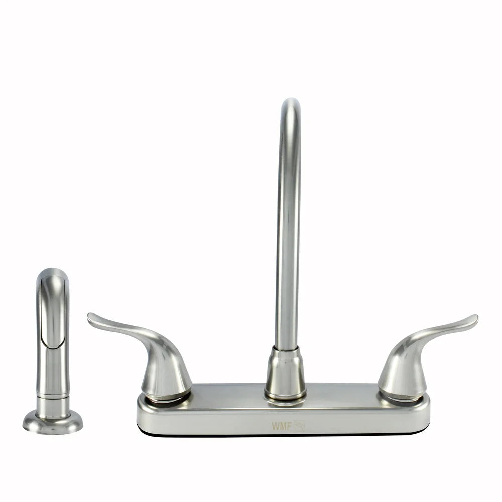Non Metallic High Spout Double Handle Faucet Washerless Cartridge with Spray Brushed Nickel 1.8 GPM 8 Inch Installation Standard