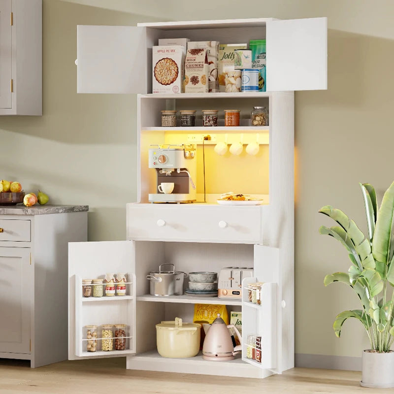 Satifur Tall 71 inch Kitchen Pantry Storage Cabinet with Doors, Drawer, Farmhouse Pantry Cabinet with Power Outlet & LED Light