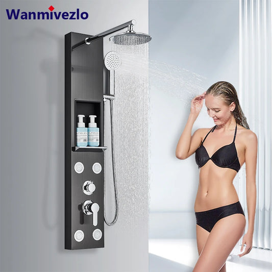 Shower Panel Rainfall Shower Faucet Set SPA Massage Jet Bath Shower Column Double Handle Mixer Tap Tower With Storage Rack