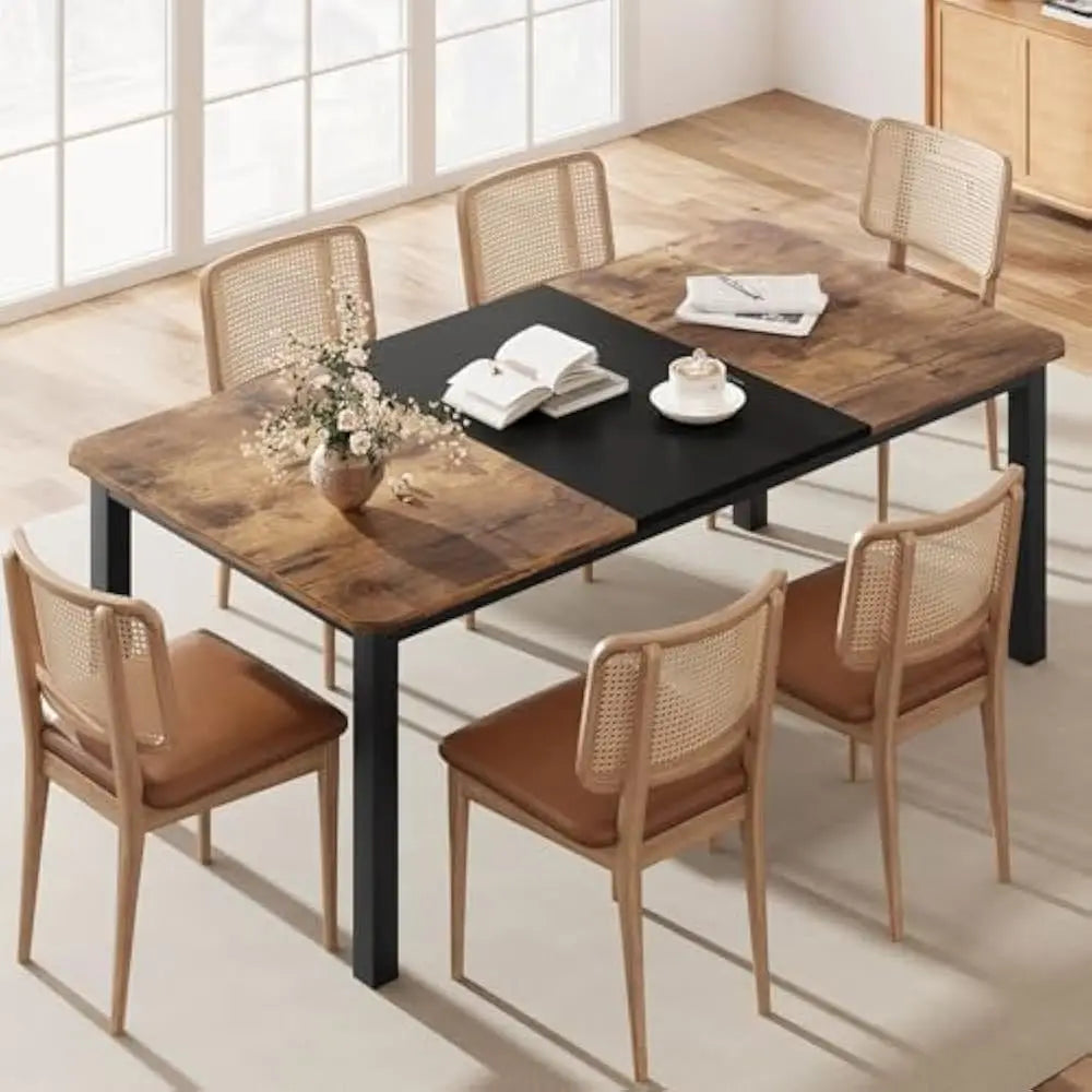 Industrial Dining Table for 6-8 People, 78.7Inch Long Wooden Kitchen Table with Sturdy Metal Frame & Rustic Brown Finish - Seats
