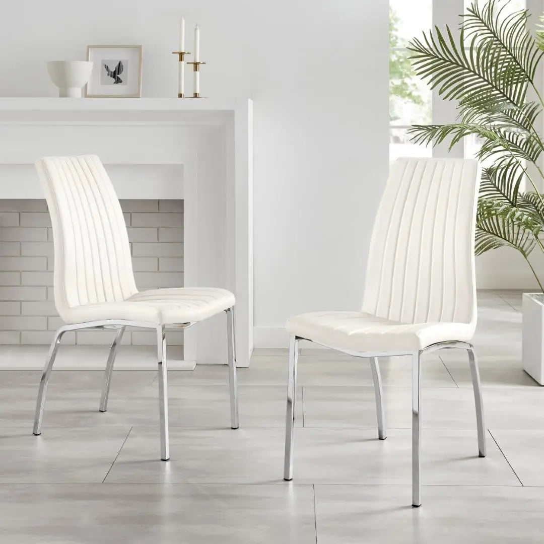 Dining Chair Set of 2 - ISCO Faux Leather Upholstered White Dining Chairs with Silver Chrome Legs