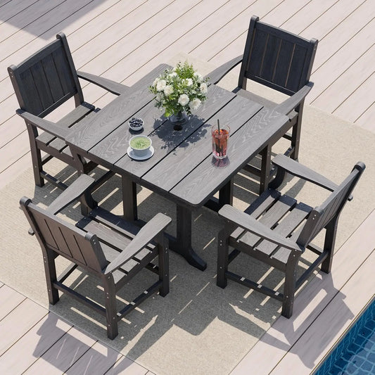 5 PCS Outdoor Dining Set, Spacious HDPE Outdoor Table and Chairs, Wood Grain Patio Furniture Sets with Elegant Armrest