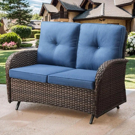 Patio Loveseat Wicker Loveseat Rattan Glider Sofa with Curved Armrest Thicking Back & Seat Cushions for Garden Balcony Backyard