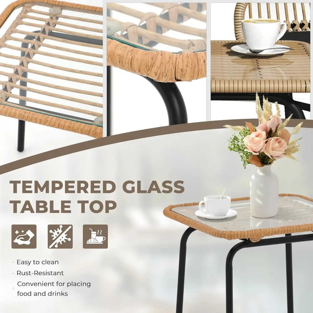3 Piece Outdoor Patio Furniture Set, Rattan Patio Bistro Sets, All-Weather Wicker 2 Chairs with Cushions and Coffee Table