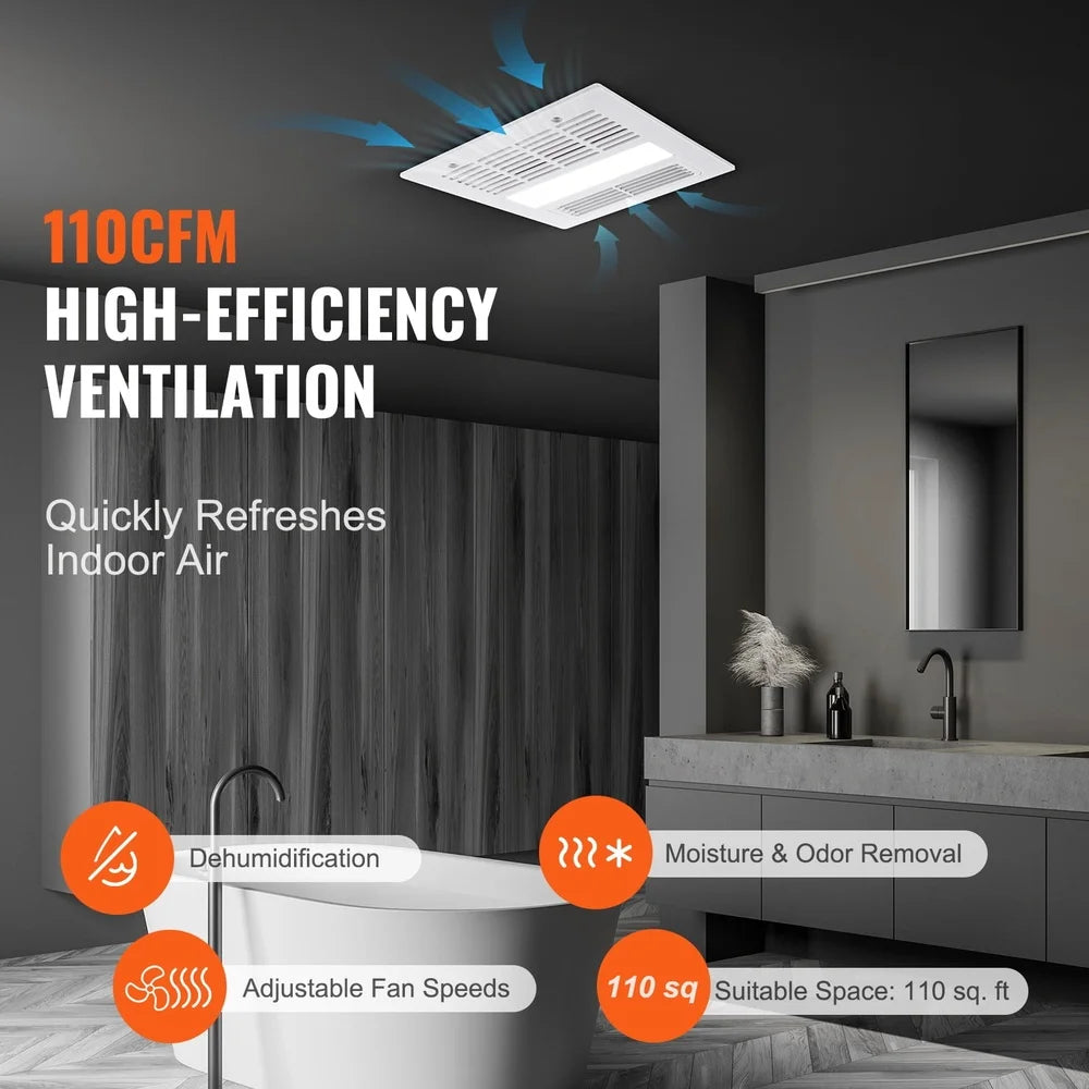 Bathroom Vent Fan 1500W Heater 110 CFM Quiet Efficient Ceiling Mount LED Light Easy Install Bathroom Kitchen Gym Laundry