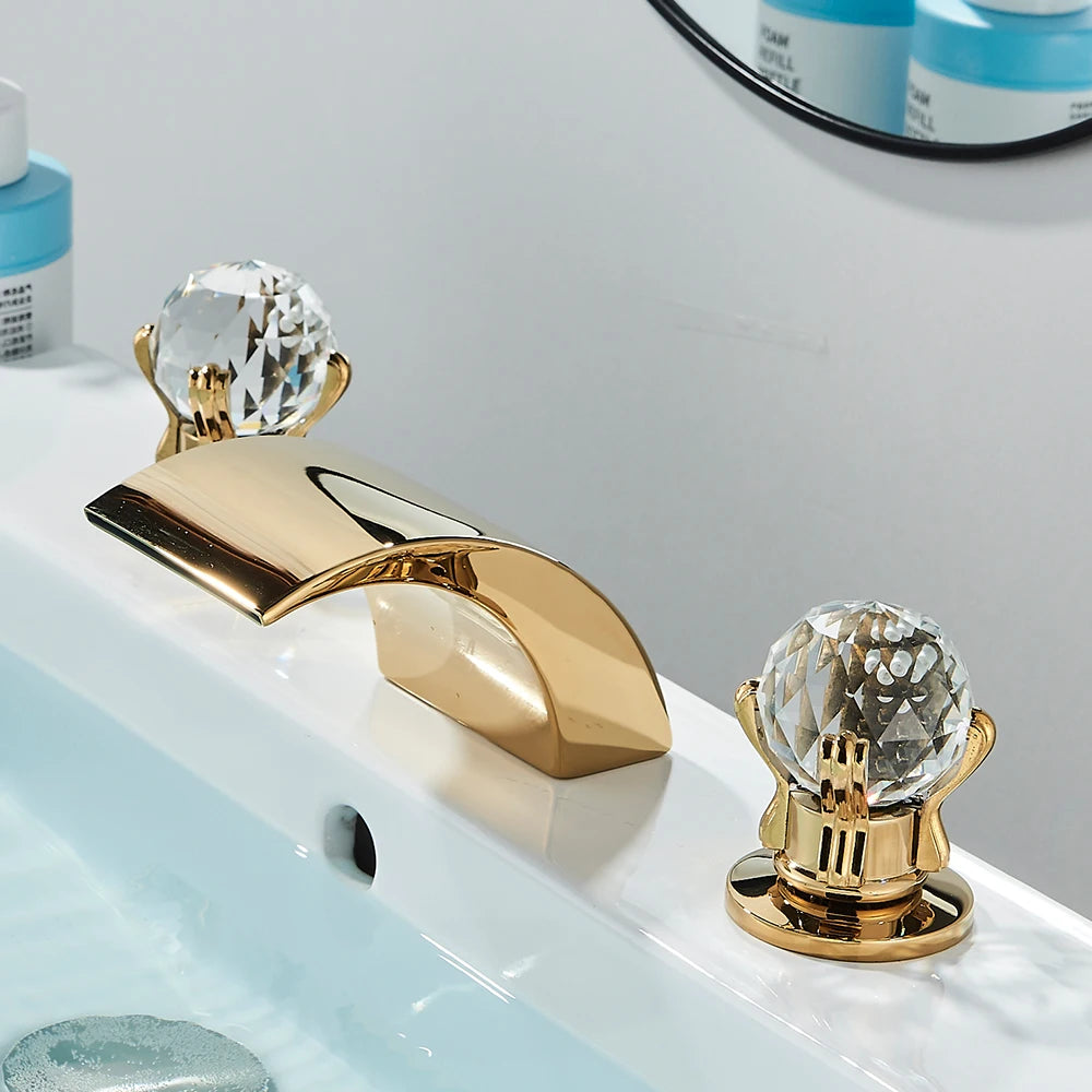 LED Widespread Bathroom Faucet Waterfall Gold Polished Lavatory Faucets Basin Mixer Tap 2 Crystal Knobs 3 Holes