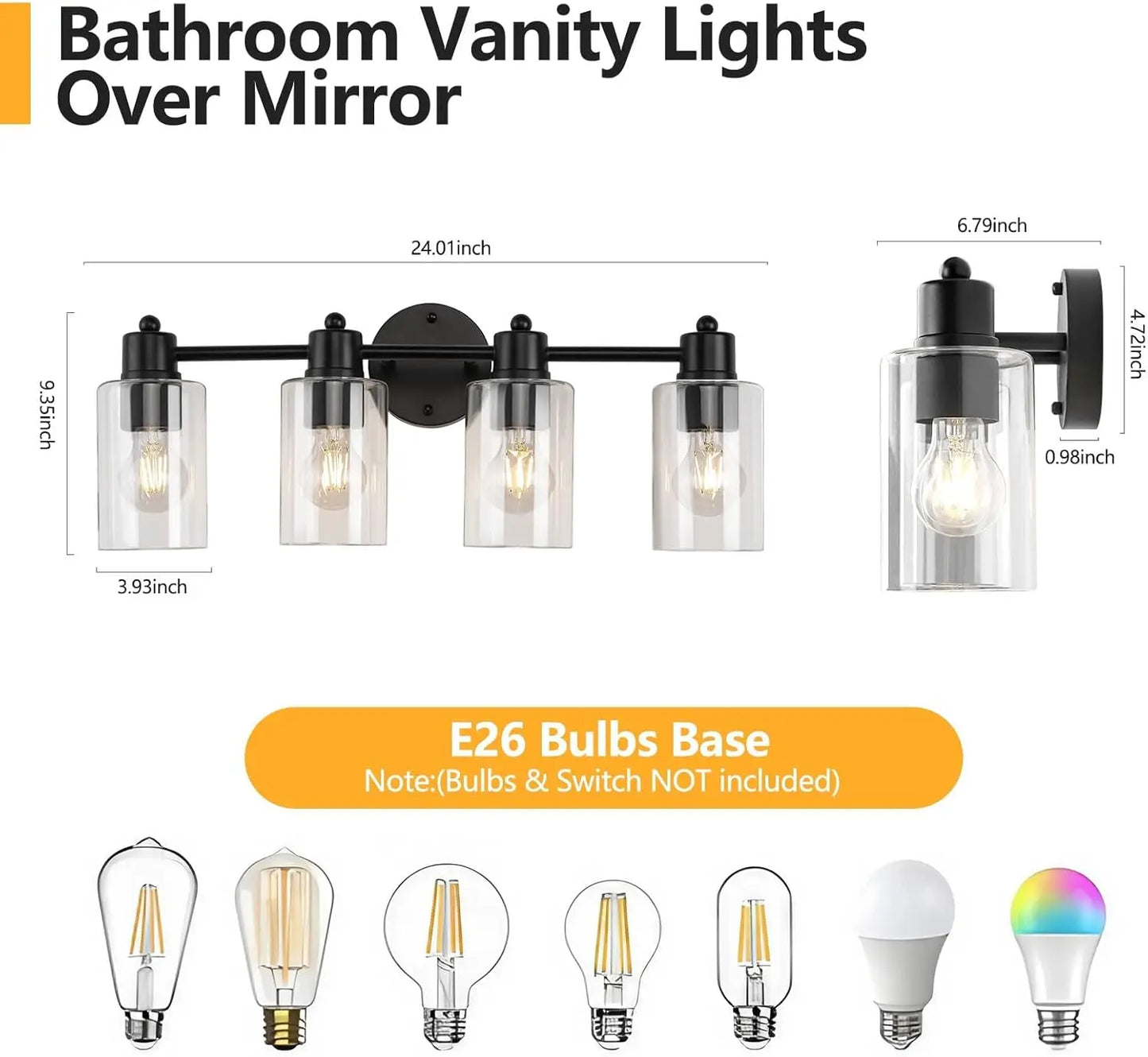 4 Light Vanity Lights,  Bathroom Light , Wall Light for Living Room,Mirror， Bedroom, Hallway, Cabinet, Porch with E26 Base