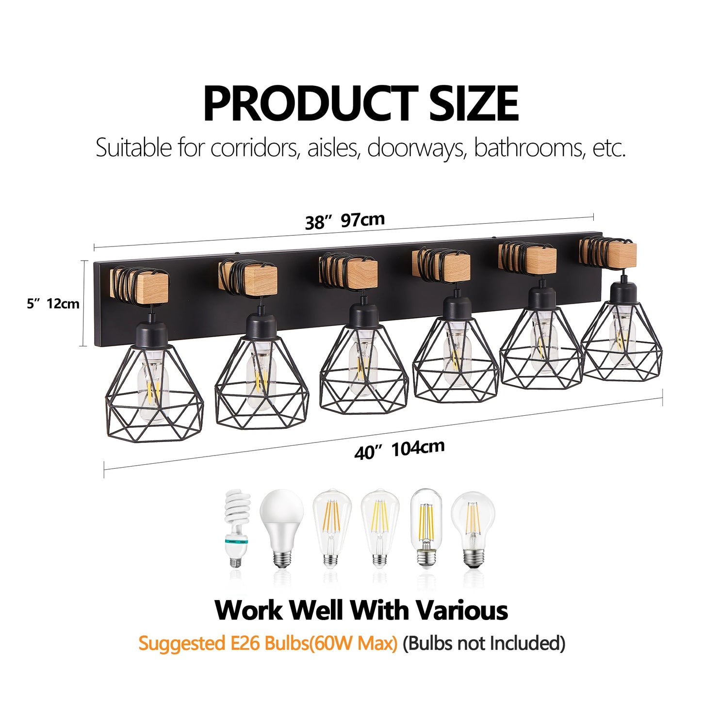 38" Modern Geometric 6-Light Vanity Light Fixture with Black Metal, Wooden Accents and Cage Lampshade