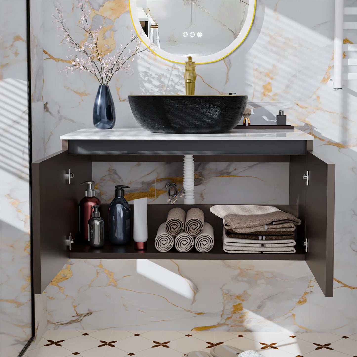 Floating Vanity Bathroom with Sink Combo, Wall Mounted Modern Vanity, Bathroom Cabinet Vanity with Sink Ceramic Basin Faucet