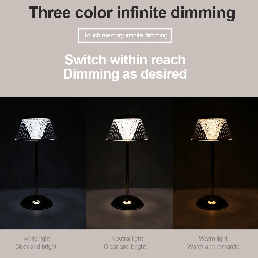Crystal Table Lamp Metal Base 3 Color Modes Eye Protection Night Light Rechargeable Touch Control Hotel Restaurant Crystal Light
