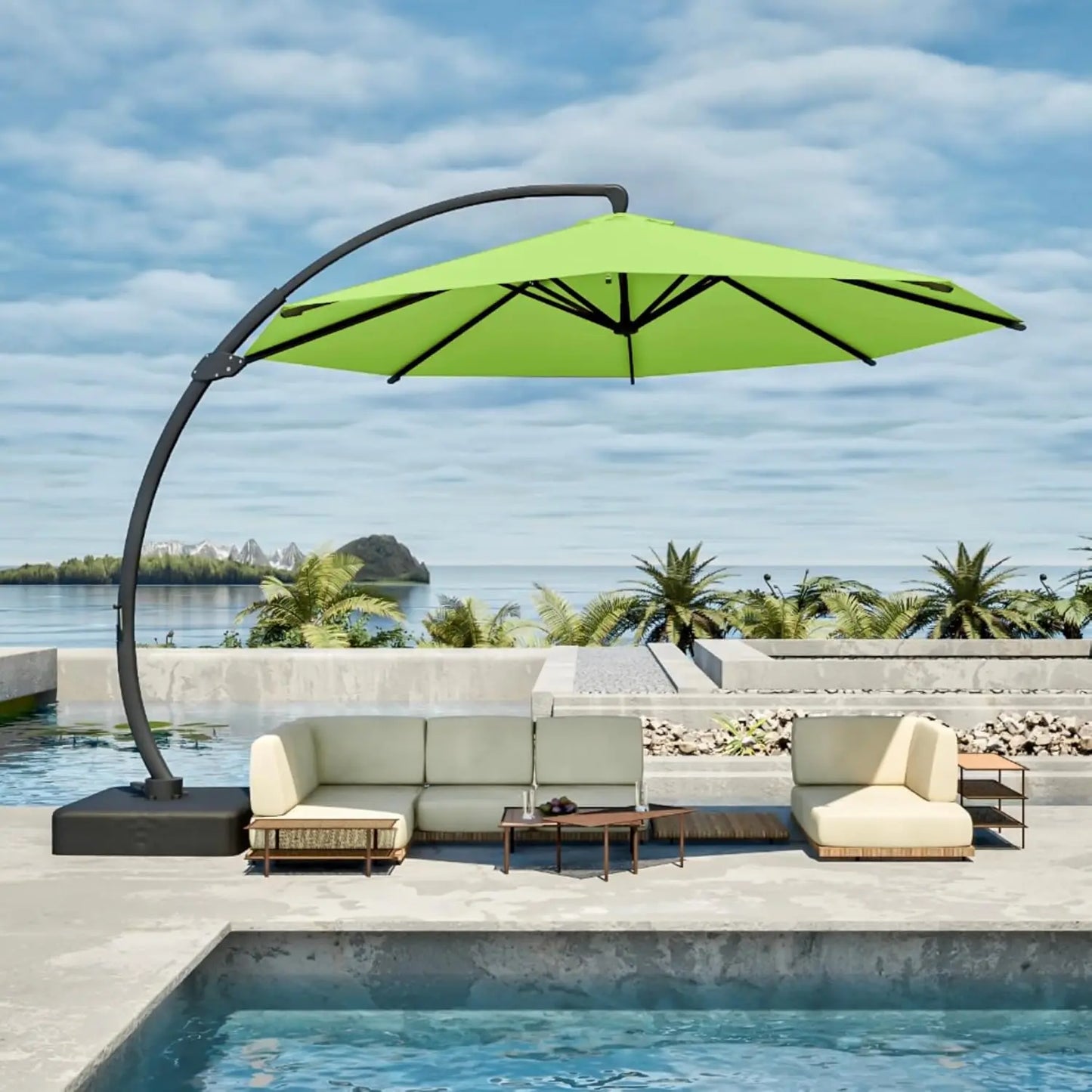 11FT Cantilever Umbrella with Base Large Curvy Outdoor Aluminum Offset Umbrella w/ 360° Rotation, UV Resistant Canopy for Patio