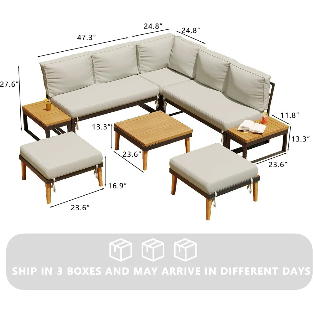 8 Pieces Patio Furniture Set, Outdoor Sectional Sofa Couch with Acacia Wood Coffee Table&Side Table,Modern Metal Outside