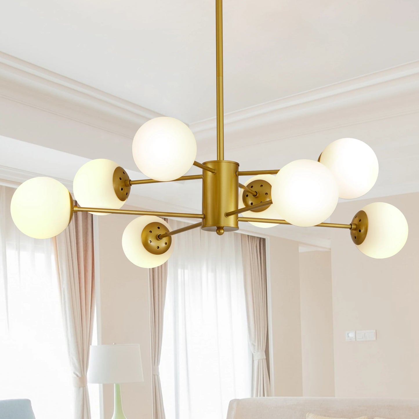 Modern 8-Light Gold Chandelier with White Glass Globe Shades, Elegant Ceiling Light Fixture (No Bulbs)