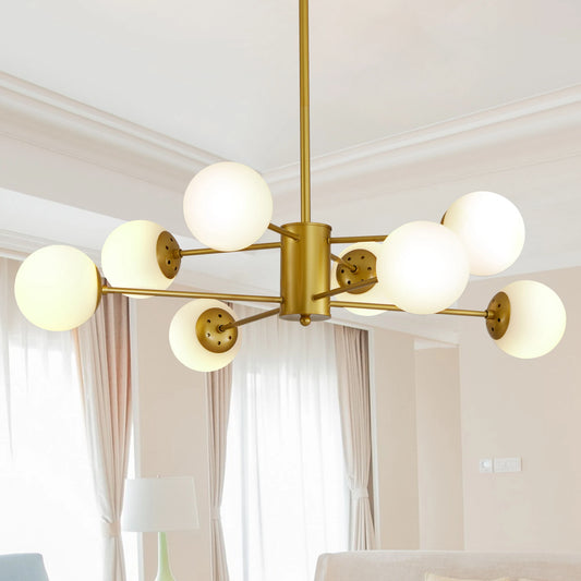 Modern 8-Light Gold Chandelier with White Glass Globe Shades, Elegant Ceiling Light Fixture (No Bulbs)
