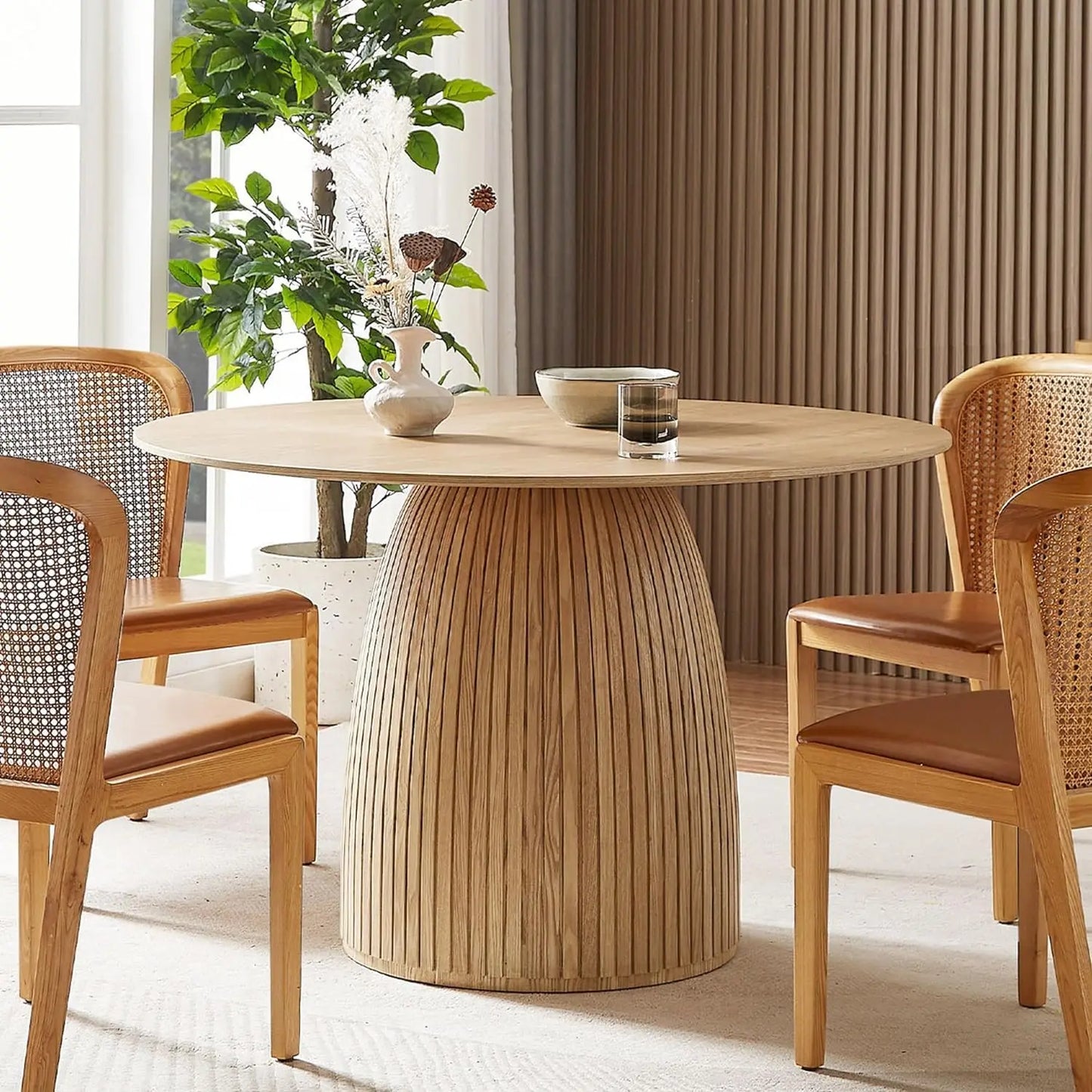 43" Mid-Century Modern Farmhouse Round Dining Table for 4-5 - Wooden Pedestal Base with MDF Table Top, Compact Kitchen