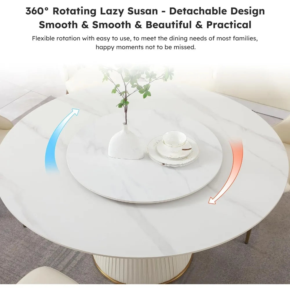 Round Dining Table Set with Removable Lazy Susan, Luxury 59" D Marble Dining Table Set of 8, Modern Sintered Stone Dining Table