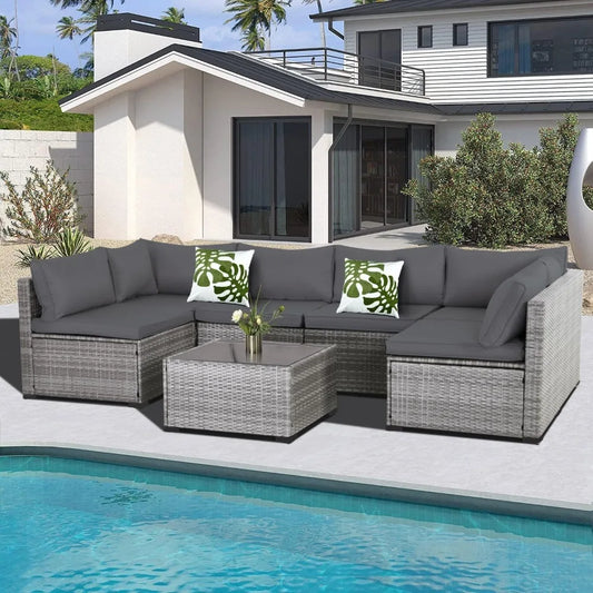 Patio Furniture Set, Modular Patio Set Wicker Outdoor Sectional Sofa Set PE Rattan Wicker Patio Conversation Set with T