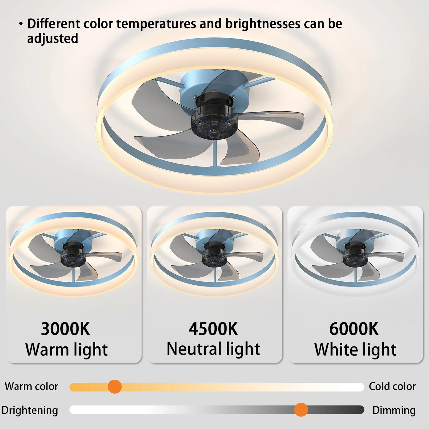 Blue Modern Ceiling Fan with LED Light, Low-Profile Flush Mount,6-Speed Adjustable, Ideal for Bedroom and Living Room