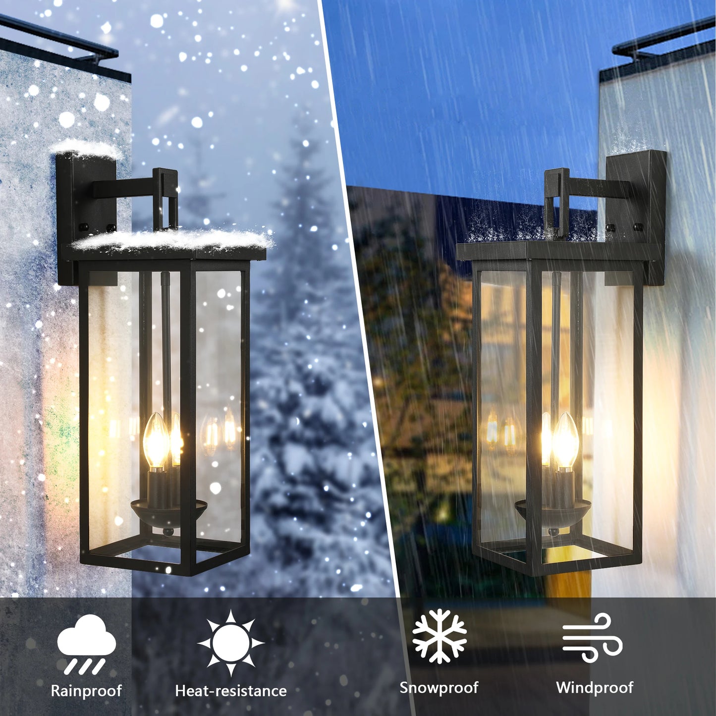 22"(H) Outdoor Wall Lantern with Dusk to Dawn Sensor Matte Black Finish Clear Glass Panels Weatherproof Exterior Light