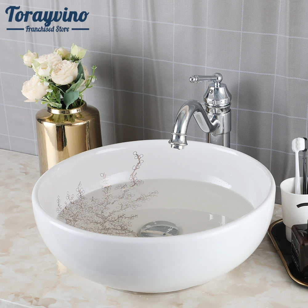 Torayvino Bathroom Basin Sink Faucet Combo Ceramic Lavatory Above Counter Art Basin Vanity Sink Matter Black Faucet Mixer