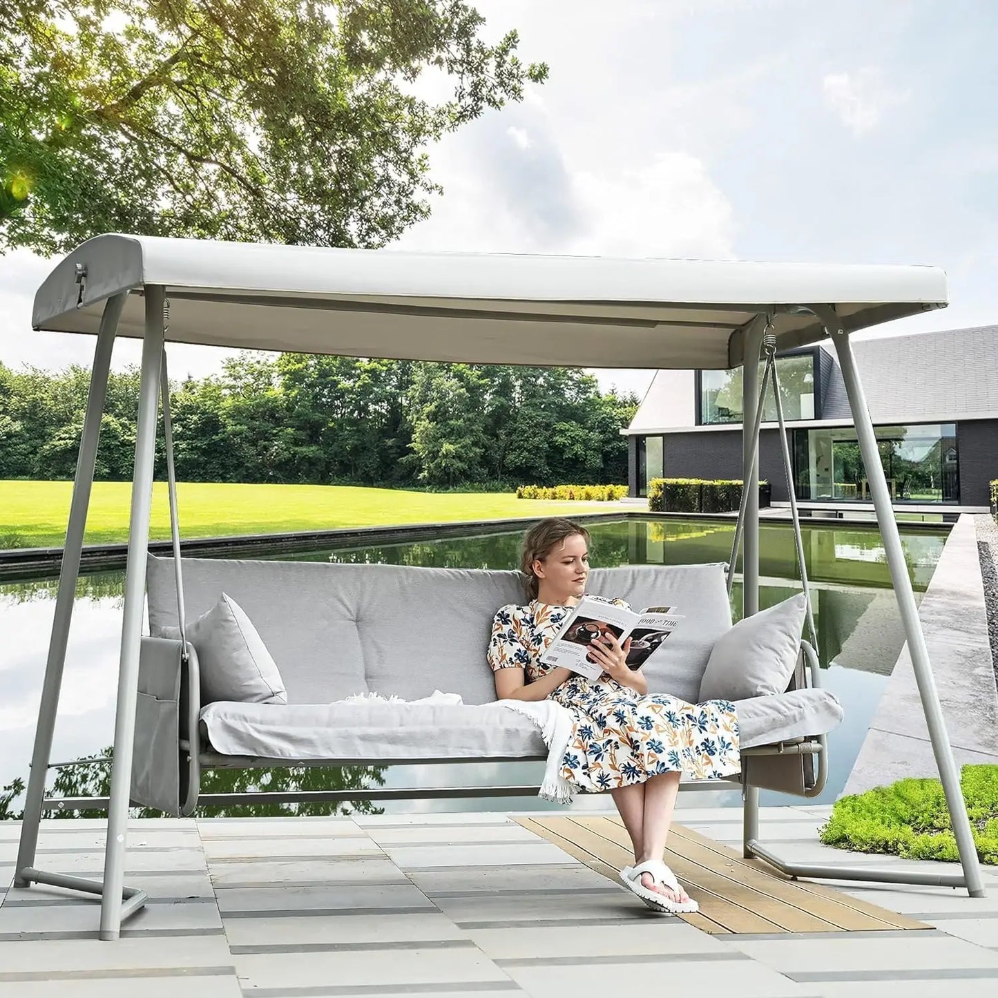 3 to 4 Person Porch Swing Outdoor 2-in-1 Swing Bed with Canopy Adjustable Backrest 800 lbs Capacity Patio Swing Chair with Stand