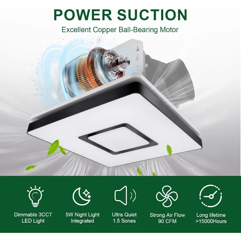 Akicon Exhaust Fan with Light Combo, 90 CFM, 1.5 Sones,15W Dimmable 3CCT LED Light with 5W Night Light, Bathroom Ventilation