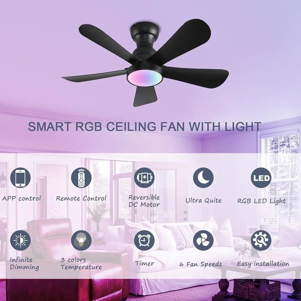 36inch Ceiling Fan with Lights Remote Control Reversible DC Motor RGB Dimmable Flush Mount Fan Indoor Outdoor Spaces