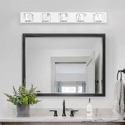35" Modern Crystal 5-Light LED Wall Sconce – Elegant Chrome Bathroom Vanity Light with Clear Crystal Shades