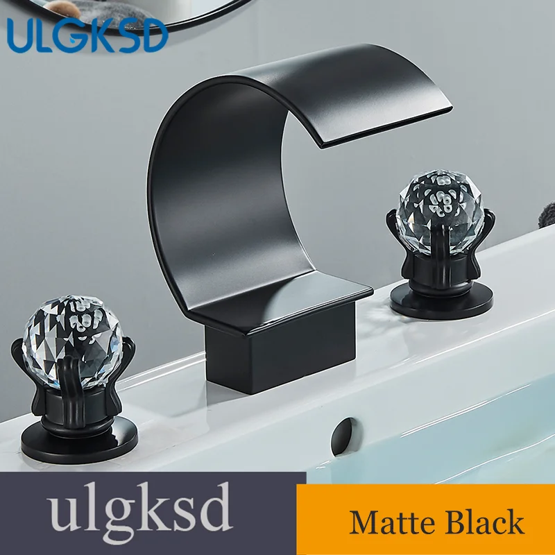 3Pcs Golden Bathroom Basin Faucet Crystal Handle Widespread Hot Cold Water Mixer Tap Waterfall Bathroom Faucet Crane torneiras
