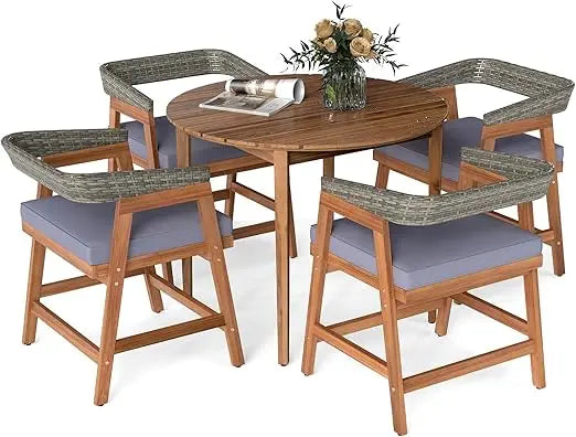 5 piece patio dining set for 4, outdoor solid wood round table with cushioned chairs, for deck, lawn, garden and poolside