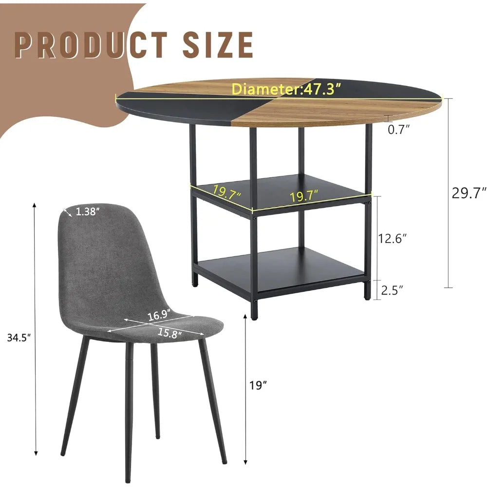 Round Dining Table Set for 4, 47” 5-Piece Dining Set with 2-Tier Storage Shelf and Space-Saving Design, Modern Table and Chairs